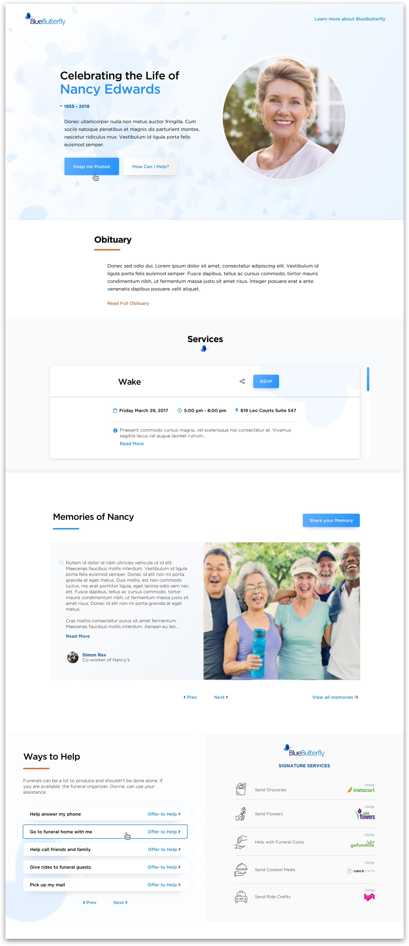 Blue Butterfly memorial page preview